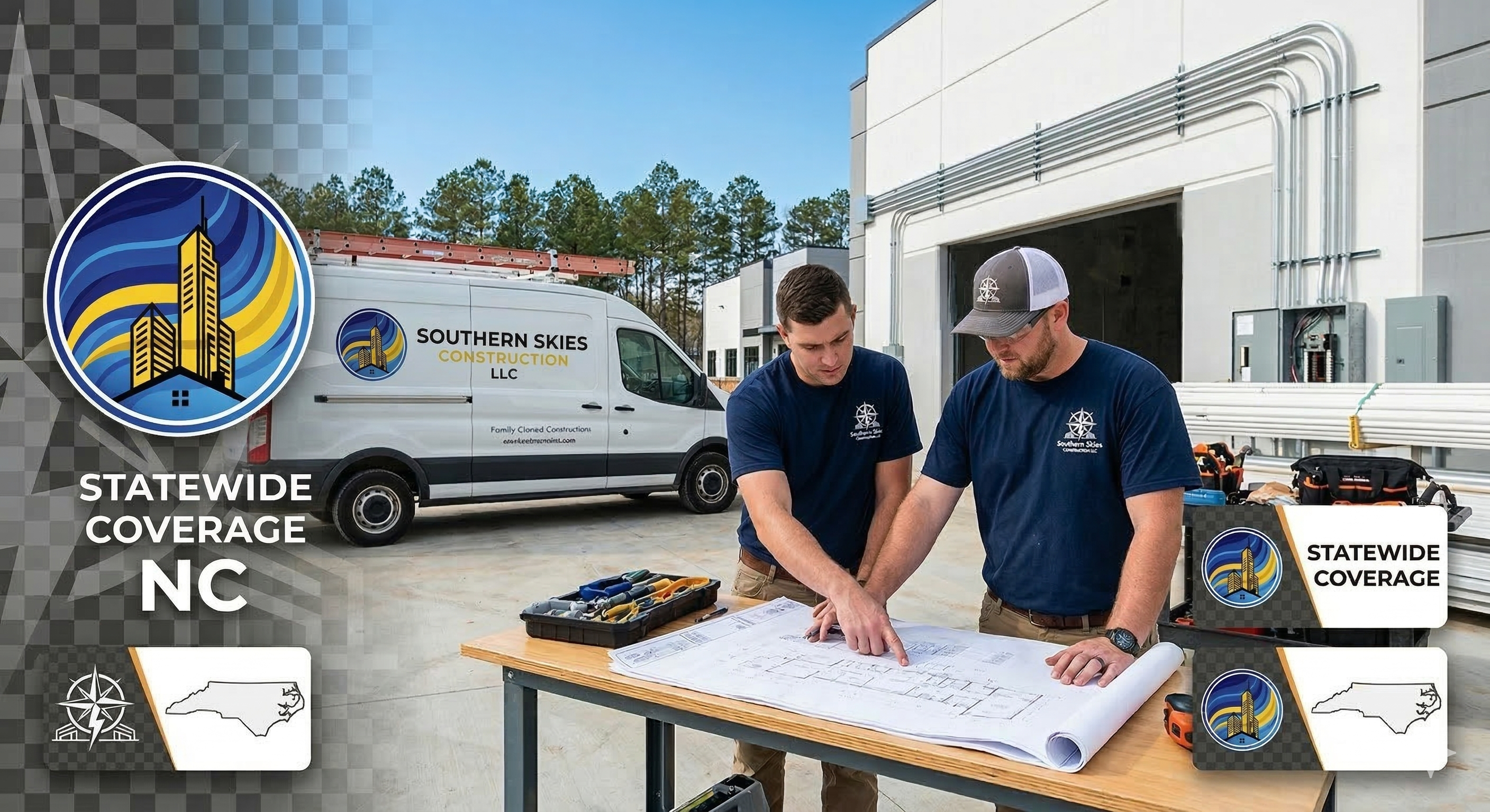 Southern Skies Construction team reviewing project plans